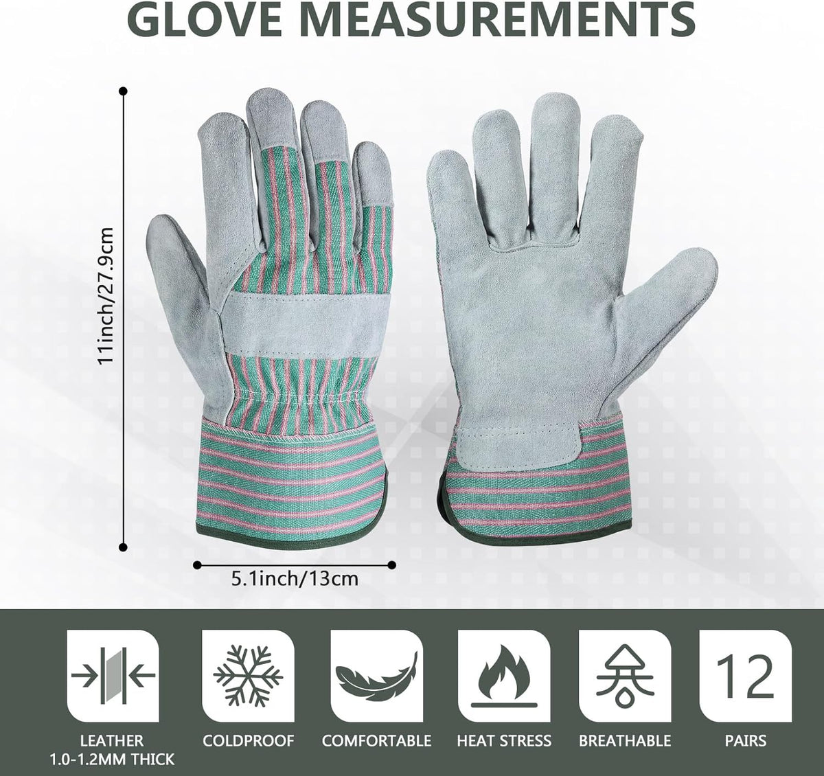 Skiennix Heavy Duty Leather Work Gloves - 12 Pairs, Durable Cowhide, Safety Cuff, 11 x 5.1 Inch