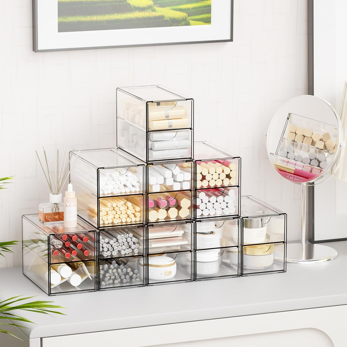 Yieach 9 Pack Small Acrylic Drawers With 18 Drawers,Clear Drawer Organizers Stackable,School,Office Supplies Organizer And Storage Bins for Stationery,Pen,Pencil,Craft,Glasses,Sunglass Organizer Case
