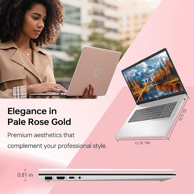 HP 17.3" Touchscreen Laptop, Intel Core i7-1355U, Pale Rose Gold, 64GB RAM, 2TB SSD, Webcam, HDMI, Backlit Keyboard, Fingerprint Reader, Wi-Fi 6, Windows 11 Pro