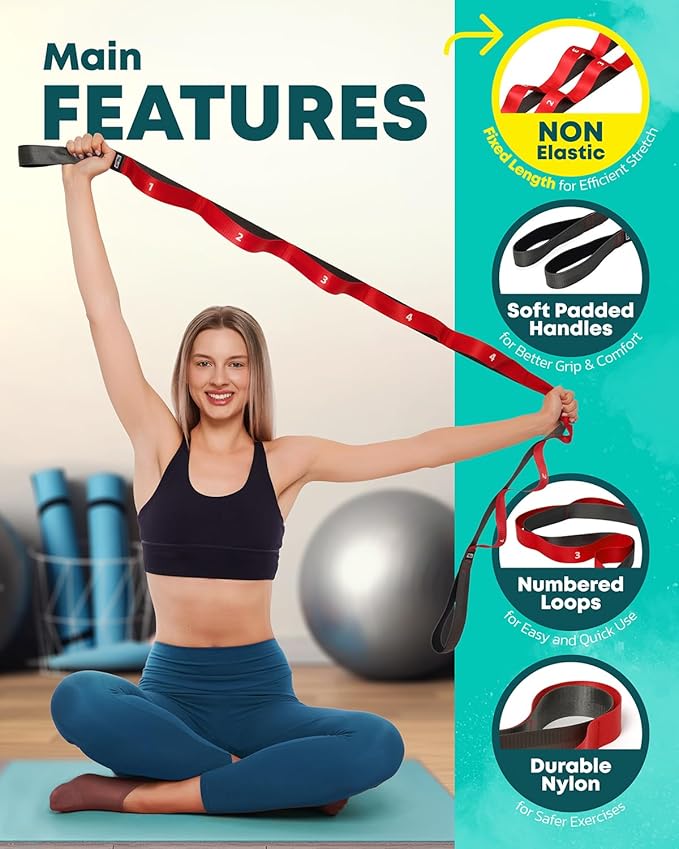 Stretching Strap with Loops - Non Elastic Stretch Band for Physical Therapy, Yoga Strap for Stretching Equipment, Stretch Bands for Exercise and Flexibility - Fascia, Hamstring & Leg Stretcher Belt