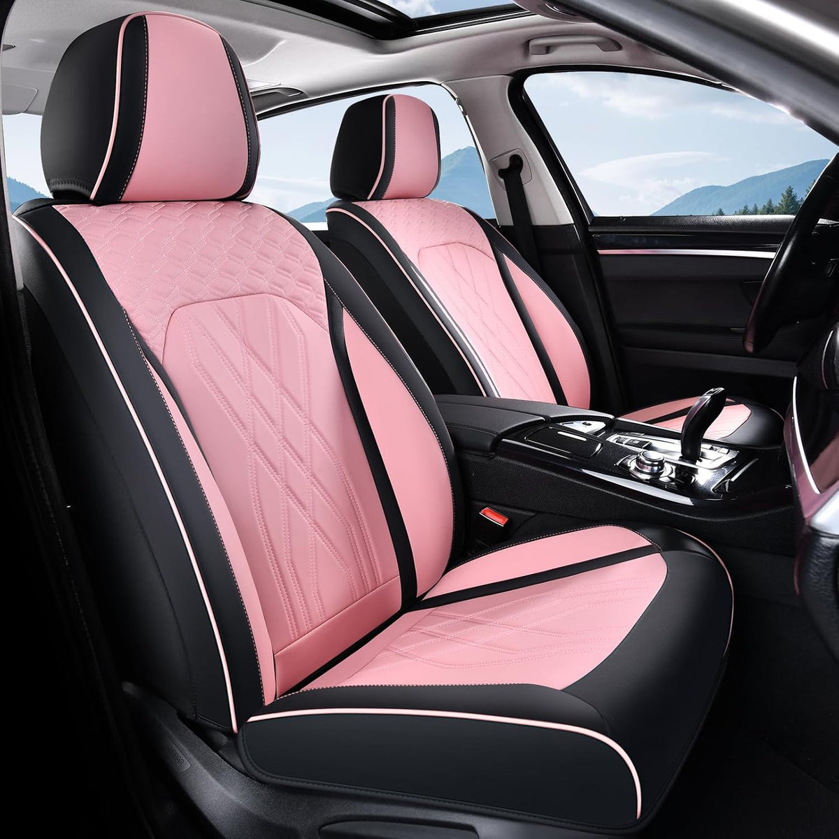 FLORICH Automotive Seat Covers Leather Pink Seat Covers for Cars Front Seats Waterproof Breathable Car Seat Cushion Comfort Interior Covers Universal Fit for Most Car Truck SUV Driving, Black&Pink
