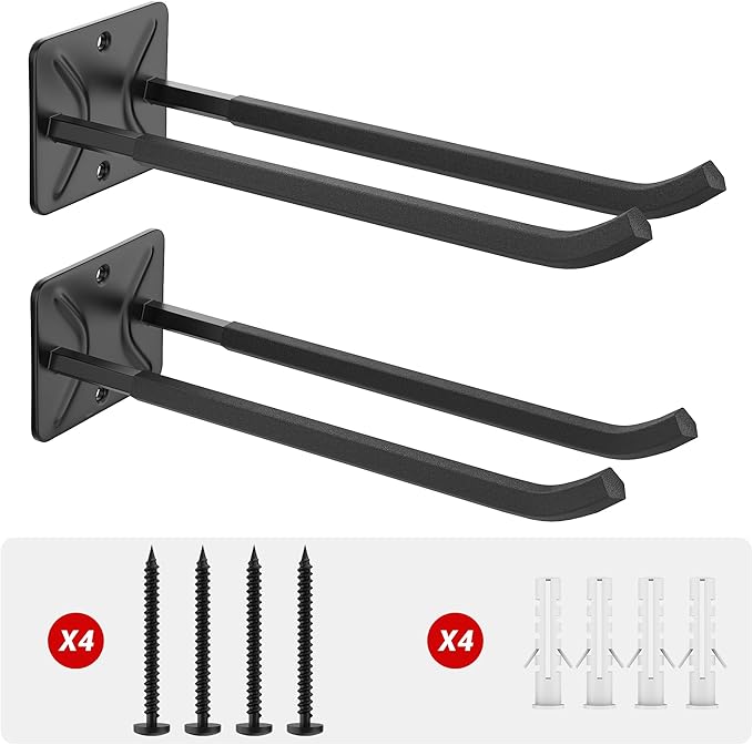 Ultrawall Garage Storage Hooks, Heavy Duty Steel Tool Organizer, 12.4 Inch Wall Mount Hangers Racks for Car Tires, Ladders, Chairs, Ropes and Garden Tools, 2 Pack