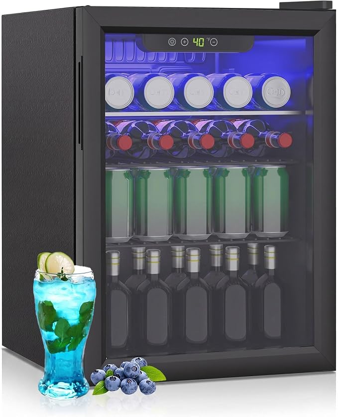 95 Can Mini Fridge, 2.6 Cu.Ft Beverage Refrigerator Glass Door | Drink Cooler for Soda Wine Beer, Adjustable Temp Small Fridge for Home Office Bar, Reversible Door, Black (40-61℉)