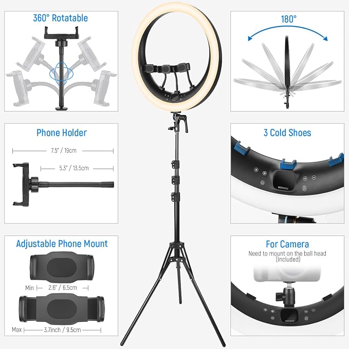 NEEWER 19 inch Ring Light with Stand, 3 Phone Holders and Mini Ball Head