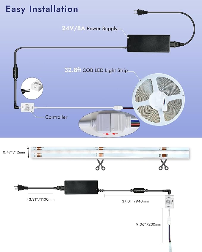 INDARUN RGBW COB Led Light Strip 32.8FT/10M, 12mm Flexible Led Tape Light 6720LEDs, 24V/8A, COB Led Light 3000K/5000K Dimmable, Bright Smart Led Strip Lights for Bedroom, TV Backlight