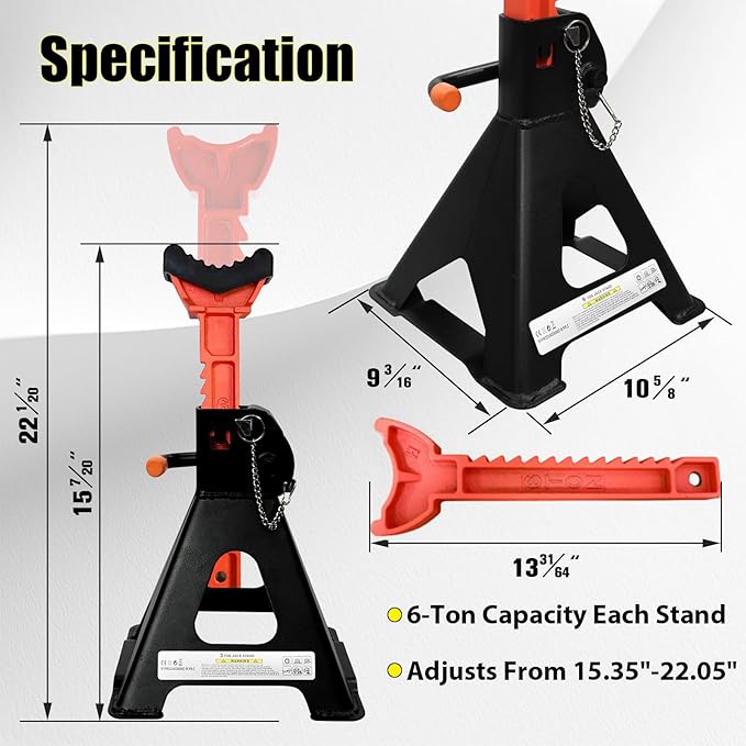 Upgraded Jack Stands 6 Ton (13,200 LBs) with 2 Crossbars and Double Pin Locking,Safe and Stable,Jack Stands 15.35"-22.05" Adjustable with Rubber Pads for Trucks,Home,Garage, SUV,Car,UTV/ATV,1 Pair