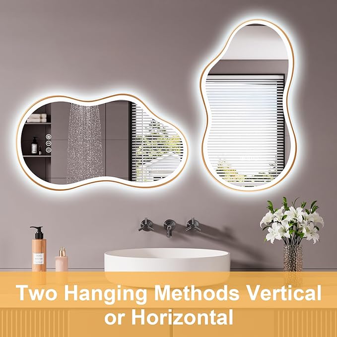 WTTY LED Irregular Bathroom Mirror 24x36 Inch with Front & Back Lights - Asymmetrical Design, Anti-Fog, Dimmable 3 Color Temperatures, Shatterproof Glass, Horizontal or Vertical Mount (Gold Frame)