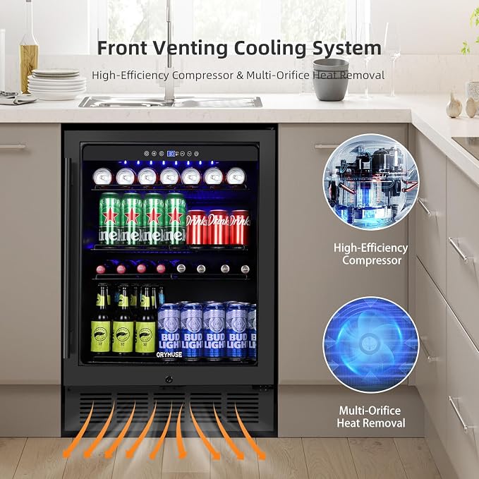 Beverage Refrigerator 24 Inch, 180 Can Drink Fridge with Glass Door, Under Counter or Freestanding Beverage Cooler for Soda, Beer, Wine – Quiet Cooling for Kitchen, Bar, Office, Black