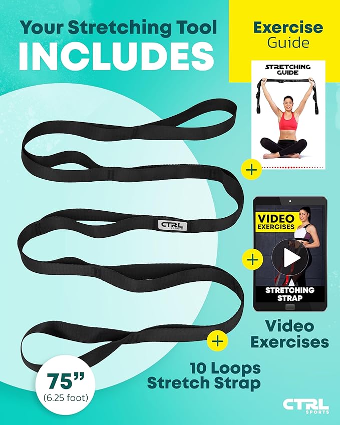 Stretching Strap Non Elastic Yoga Strap with Loops - Stretching Band for Physical Therapy, Stretch Bands for Exercise and Flexibility - Stretch Strap with 10 Loops, Hamstring & Leg Stretcher by CTRL Sports