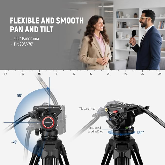 NEEWER Video Tripod with Fluid Head, Heavy Duty Aluminum Compact Portable