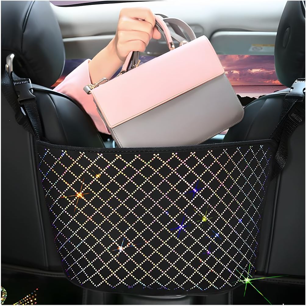 zipelo Bling Car Net Pocket Handbag Holder, Rhinestone Vehicle Backseat Purse Organizer Between Seats, Diamond Hanging Storage Bag Barrier of Pet Kids, Universal Automotive Accessories (Multicolor)