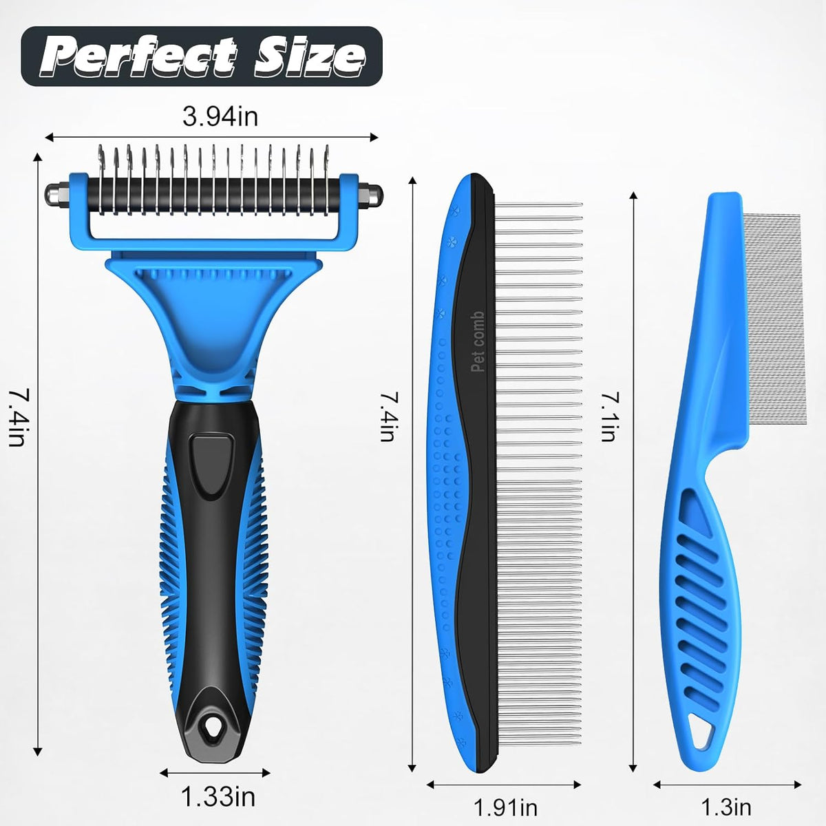 Skiennix Pet Grooming Set - 3PCS Double-Sided Rake, Metal Comb & Flea Comb for Cats & Dogs | Extra-Wide Deshedding Tool (Blue)