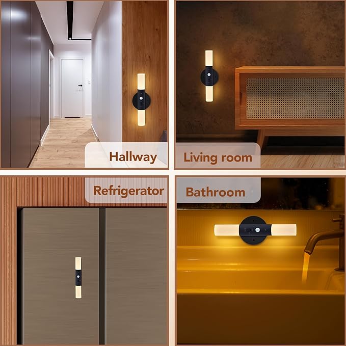 LED Motion Sensor Lights Battery Operated Wall Sconces Set of 2 Rechargeable Wireless Picture Art Light Magnetic 360° Rotation Corner Lamps for Hallway Gallery Stairway Vanity Living Room Bedroom