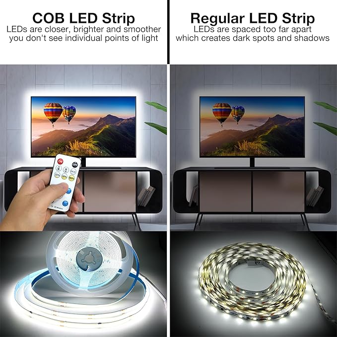 DAYBETTER COB LED Strip Light,LED Lights for Bedroom 16.4ft,Daylight White 6500K Dotless LED Light Strip,3200 LEDs Super Bright Dimmable 24V Flexible Tape Lights with Remote,Kitchen,Cabinets Lighting