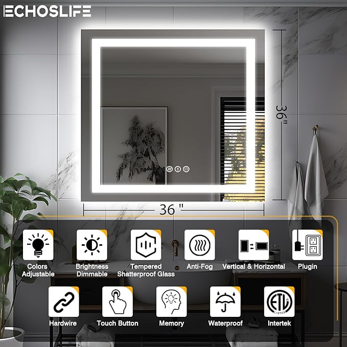 36"x36" Square LED Bathroom Mirror (Front and Backlit), Anti-Fog Vanity Mirror with Lights, Stepless 3 Colors Dimmable Smart Lighted Mirror(Horizontal/Vertical)