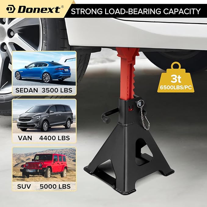 Donext Jack Stands 3 Ton (6,500 lb) Capacity Steel Double Locking, 1 Pair Black and Red Lifting Stand Adjustable Jack Stands