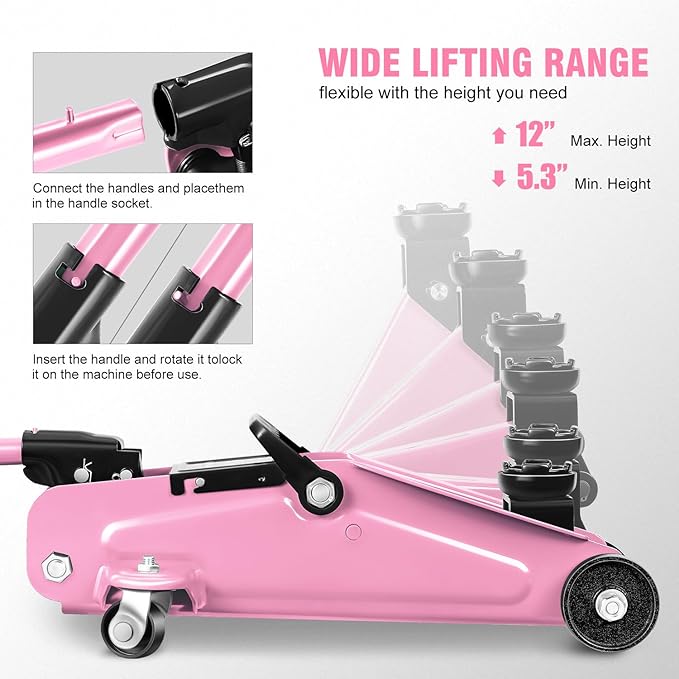 DNA Motoring 1.5 Ton Car Floor Jack Low Profile Hydraulic Trolley Service/Floor Jack, 1.5T / 3000 lbs Capacity, Lifting Range 5.3 Inch -12 Inch, with Storage Case, Pink, TOOLS-00327-PK
