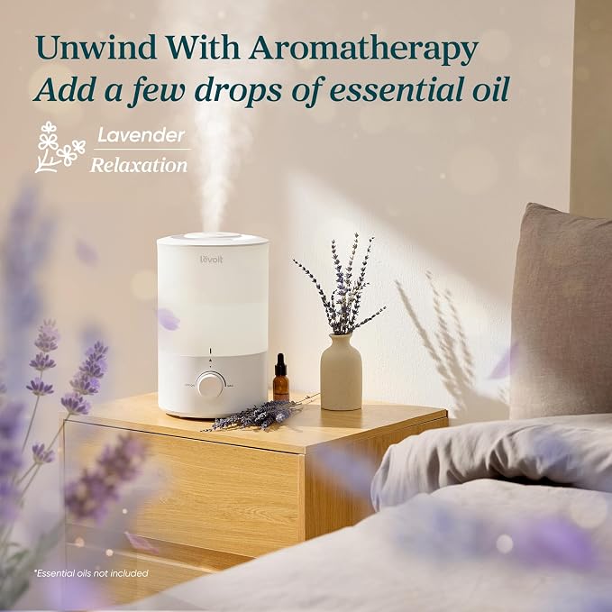 LEVOIT - Humidifiers for Bedroom - Quiet (3L Water Tank) - Cool Mist/Top Fill/Essential Oil Diffuser/25Watt - Home/Large Room - 360° Nozzle - Rapid Ultrasonic Humidification for Baby Nursery/Plant