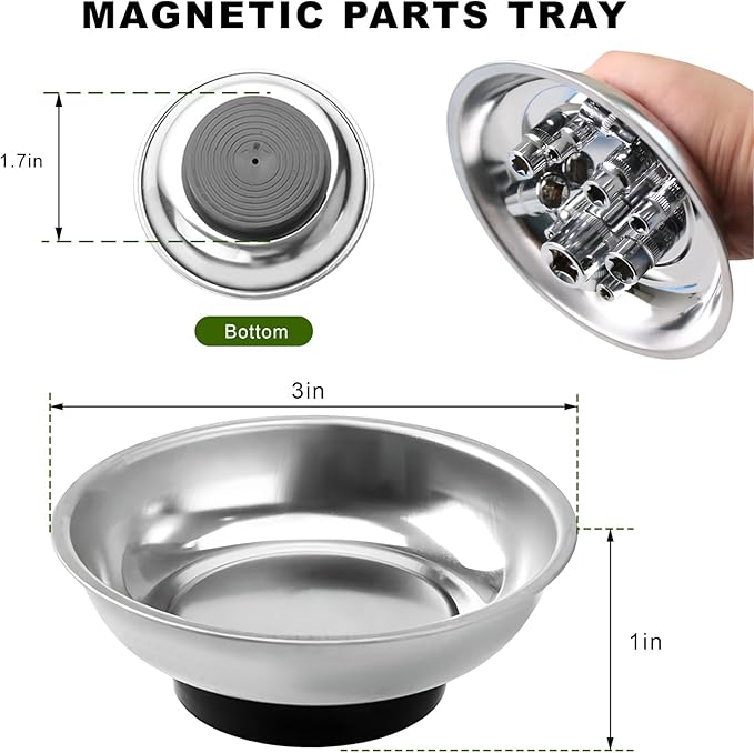 2 PCS Magnetic Tray Holders, Stainless Steel 3 Inch Round Parts Holder with Strong Magnet, Heavy Duty Thickened Parts Trays Organizer for Screws Bolts Pins Nuts Washers