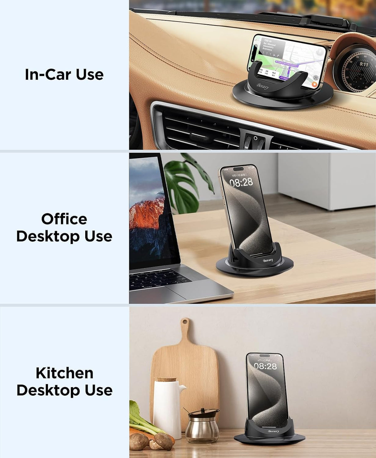Beeasy Car Phone Holder Mount, 360° Rotation Dashboard Phone Holder, Silicone Non-Slip Cell Phone Car Mount, Universal for iPhone 17/16 Pro Max, Samsung, Google Pixel, All Smartphones & GPS
