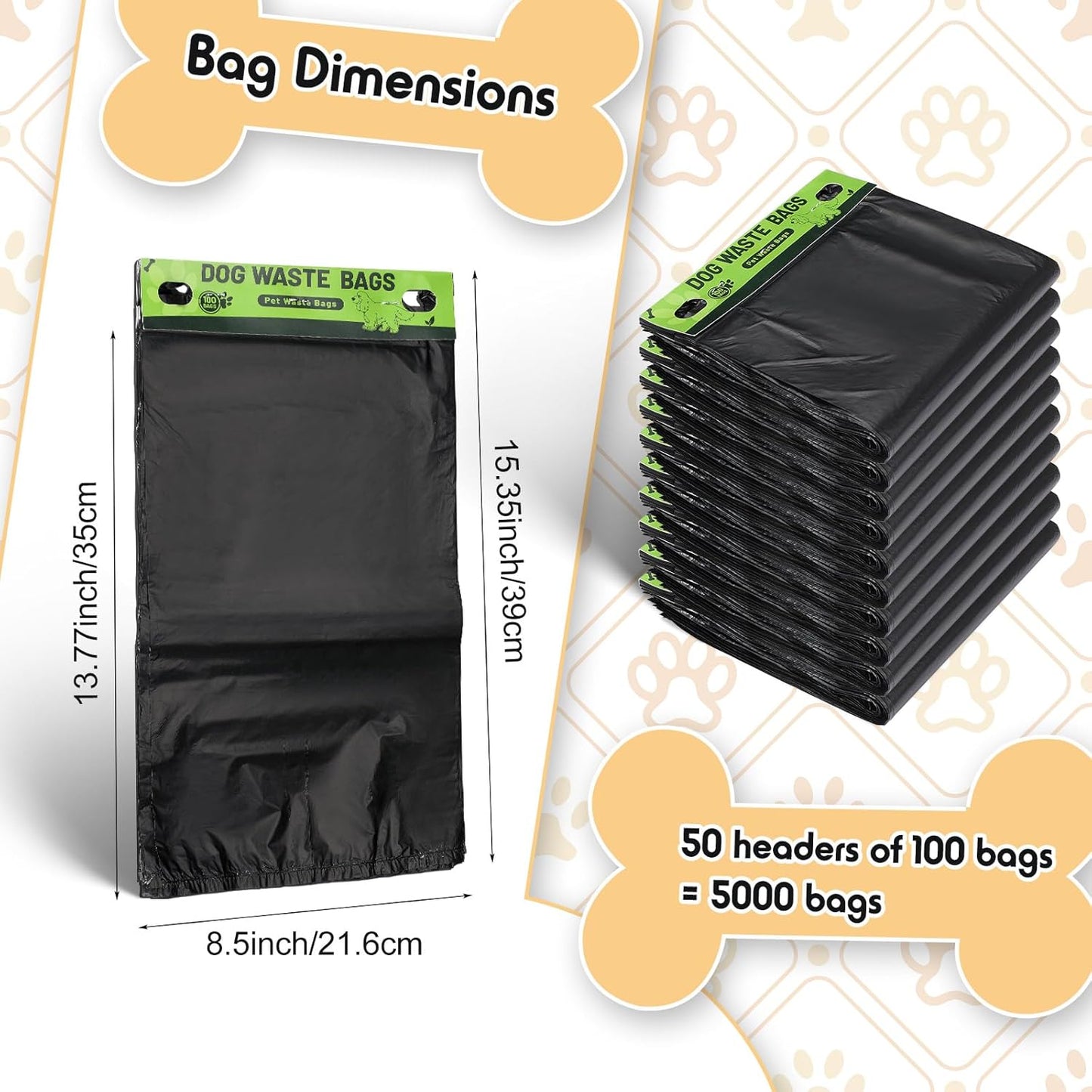 Ireer 5000 Pcs 50 Counts 5000 Pcs Header Bag Bulk Dog Pet Waste Bags Poop Easy Single Pull for Poop Dog Waste Station Fit Hang Hole Dispenser Home Outdoor (Black)