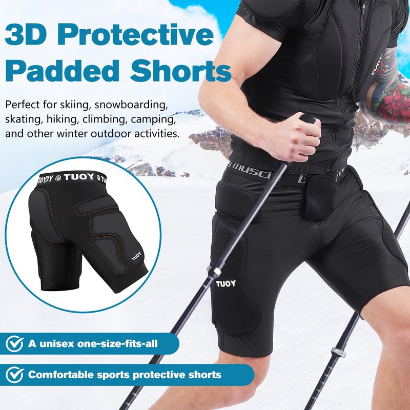 TUOY Protective Padded Shorts for Snowboard,Skate and Ski,3D Protection for Hip,Butt and Tailbone Black