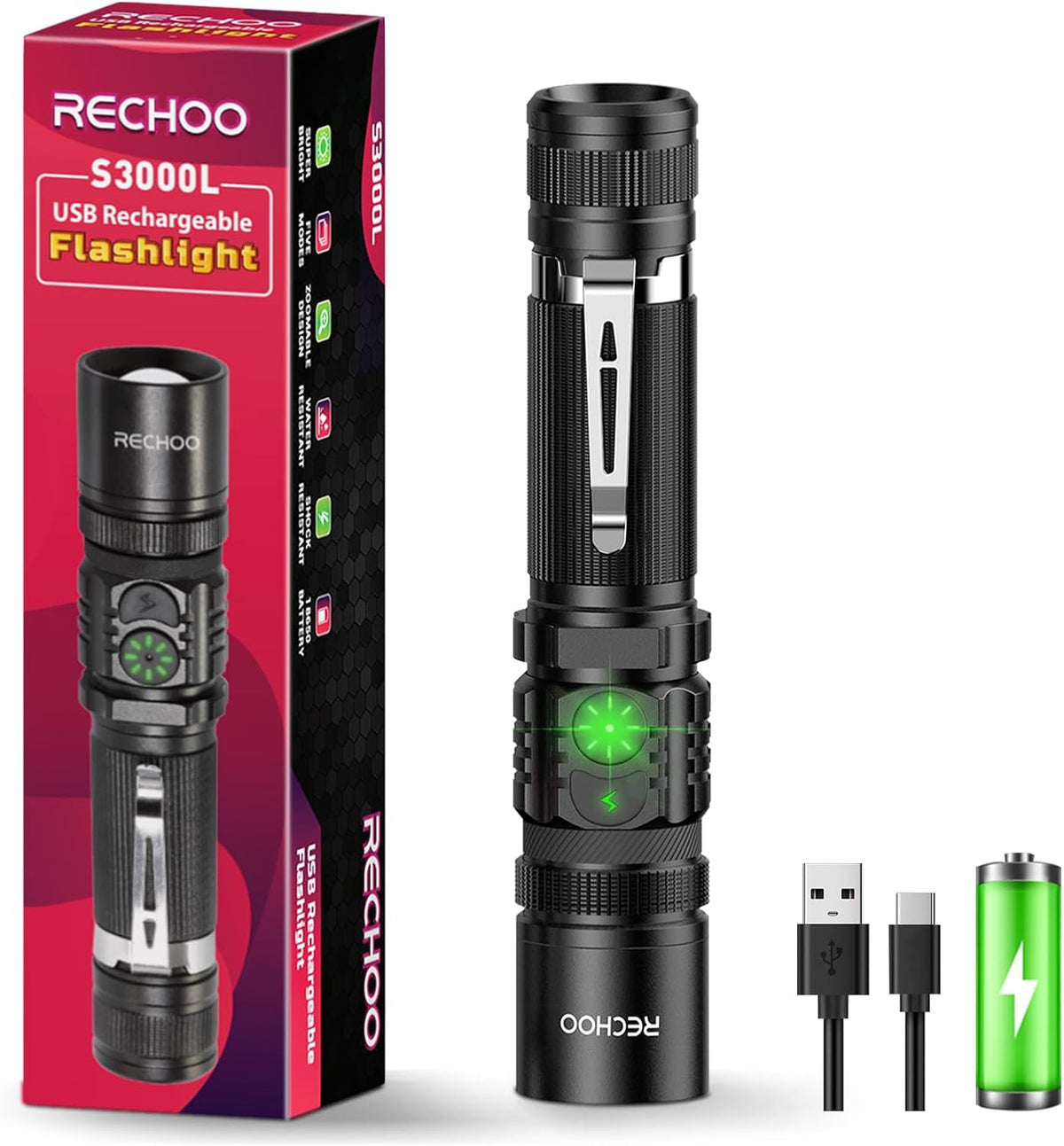 RECHOO Rechargeable LED Flashlight - High Lumens, Dual Switch, 5 Lighting Modes | Ideal for Home & Camping