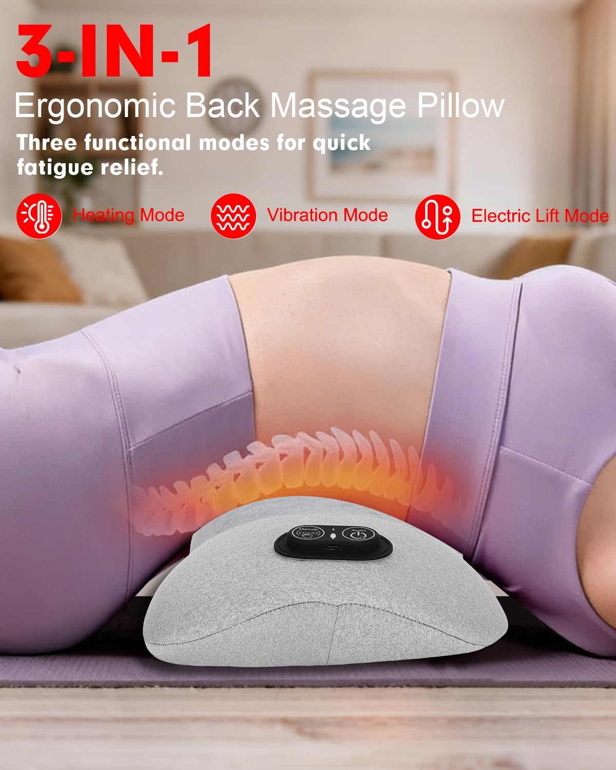 Triple Fusion Back Massager with Heat, Vibration & Air Traction for Sciatica Pain Relief, 3-in-1 Electric Back Massager Pillow, Lumbar Support Pillow for Office Chair and Home,Recliner Use