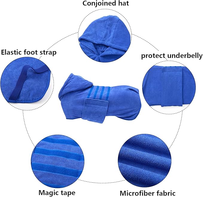 Geyecete Dog Drying Coats with Hood - Absorbent Robe Dry Fast Dog Towel - Microfibre Fast Drying Super Absorbent - Blue - L