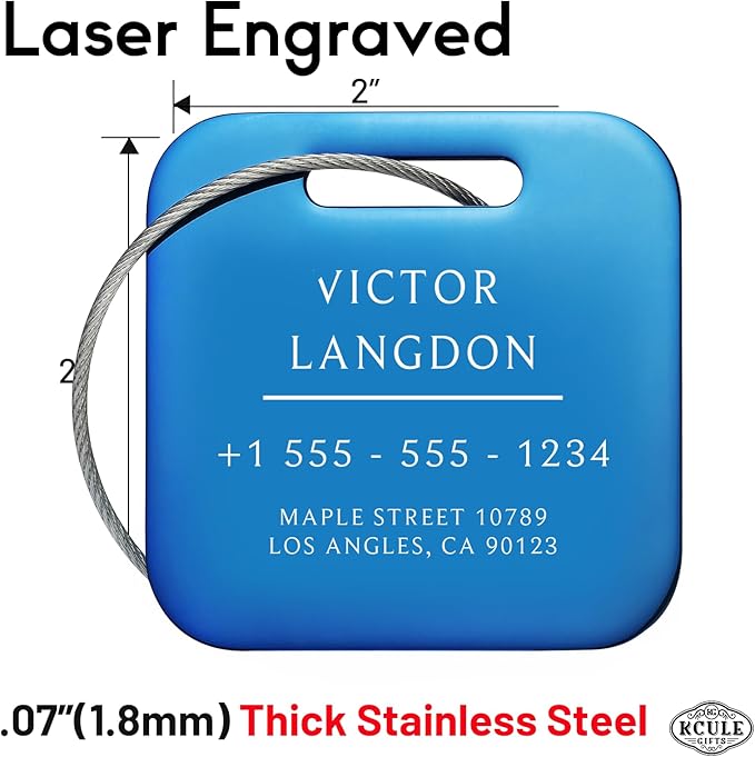 Stainless Luggage Tags for Suitcases 4 Pack: Metal Personalized Luggage Tags for Backpacks & Bags with Customizable Texts (Blue)