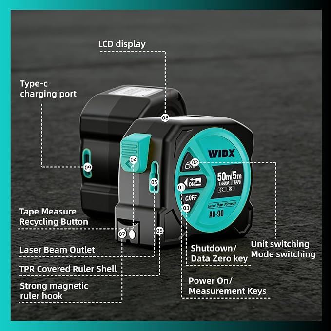 WIDX 2 in1 Laser Tape Measure, 164ft Laser Distance Measurement & 16ft