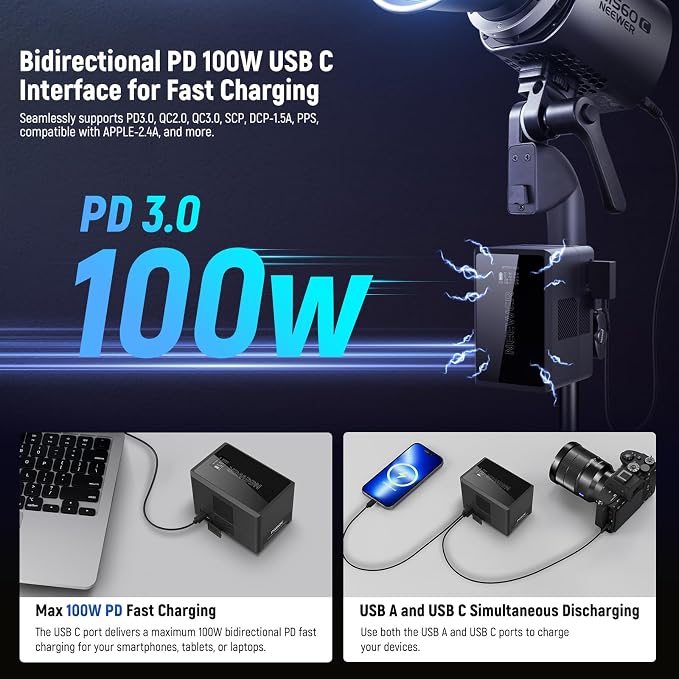 Neewer V Mount Battery PS150E Supports 100W PD USB C Fast Charging, 10350mAh