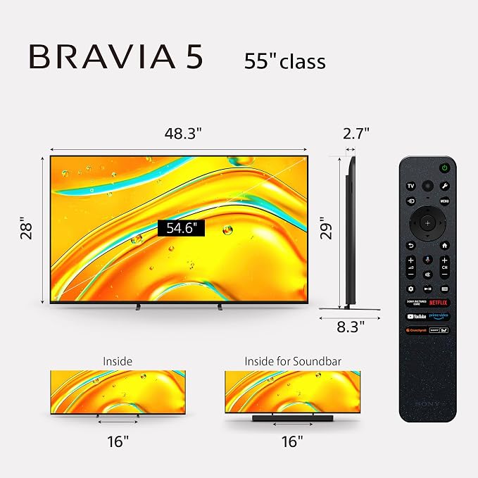 Sony 55 Inch BRAVIA 5 Mini LED 4K HDR Smart Google TV (K-55XR50) | XR Processor with AI Technology, Dolby Vision/Atmos, XR Backlight Master Drive, 120Hz Refresh Rate, 4K movie credits included