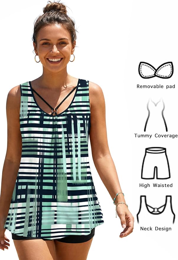 MODLILY Tummy Control Womens Tankini Swimsuits, Two Piece Metal Ring Bathing