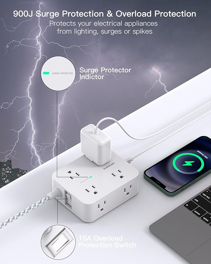 Extension Cord 25 Ft, HANYCONY Surge Protector Power Strip with 8 Outlets 4 USB Ports(2 USB C), Long Cord, Wall Mount, Desk USB Charging Station for Home Office College Dorm Room Essentials
