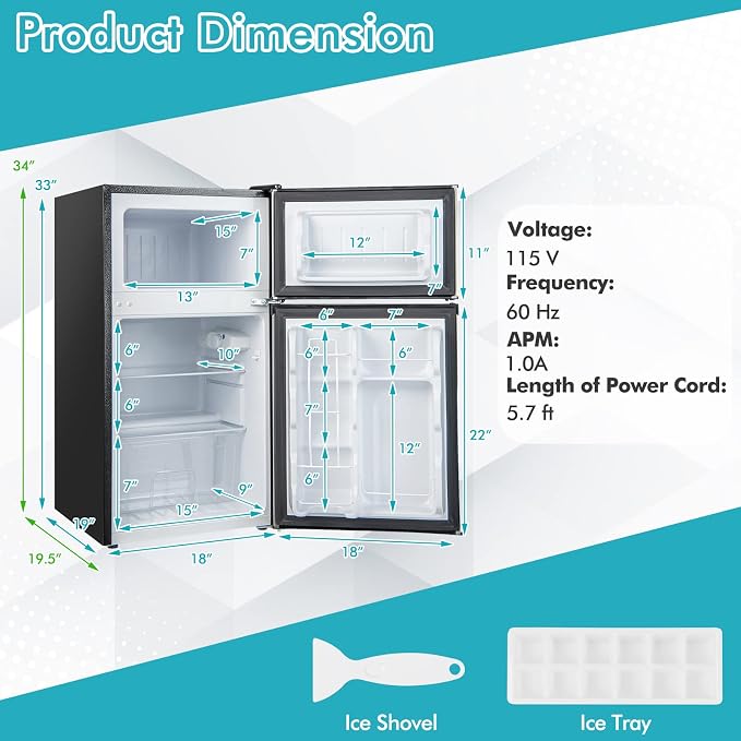 COSTWAY 3.2 Cu.Ft. Mini Fridge with Freezer, 2 Door for Office Bedroom Dorm | Compact Small Refrigerator with Reversible 2 Door, Adjustable Thermostat, Removable Glass Shelves for Food & Drink, Silver