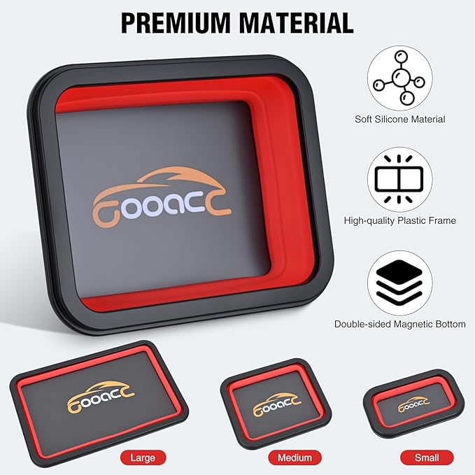 GOOACC 3 Sizes Collapsible Magnetic Parts Tray Set Red Silicone Foldable Tool Trays Organizer for Screws Bolts Nuts Pins Washers and Other Small Metal Parts Double Sided Magnet Base