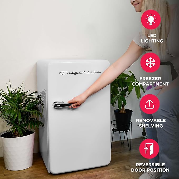 Frigidaire Retro Compact Refrigerator with Chiller, 3.2 cu ft Countertop Fridge, Built-In Bottle Opener, Rounded Corners, Premium, for Office, Bedroom, Dorm Room, Cabin, 18.5D x 20W x 31.5H (White)