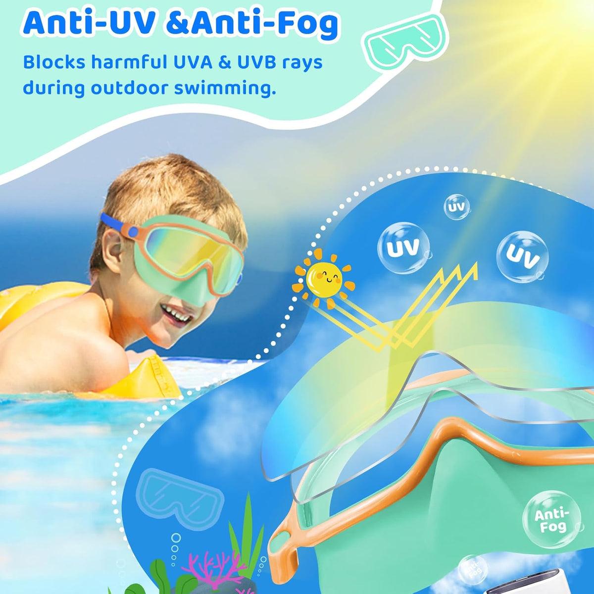 Vvinca Kids Swim Goggles - Anti-Fog UV Protection & Nose Cover | 2 Pack for Ages 3-14