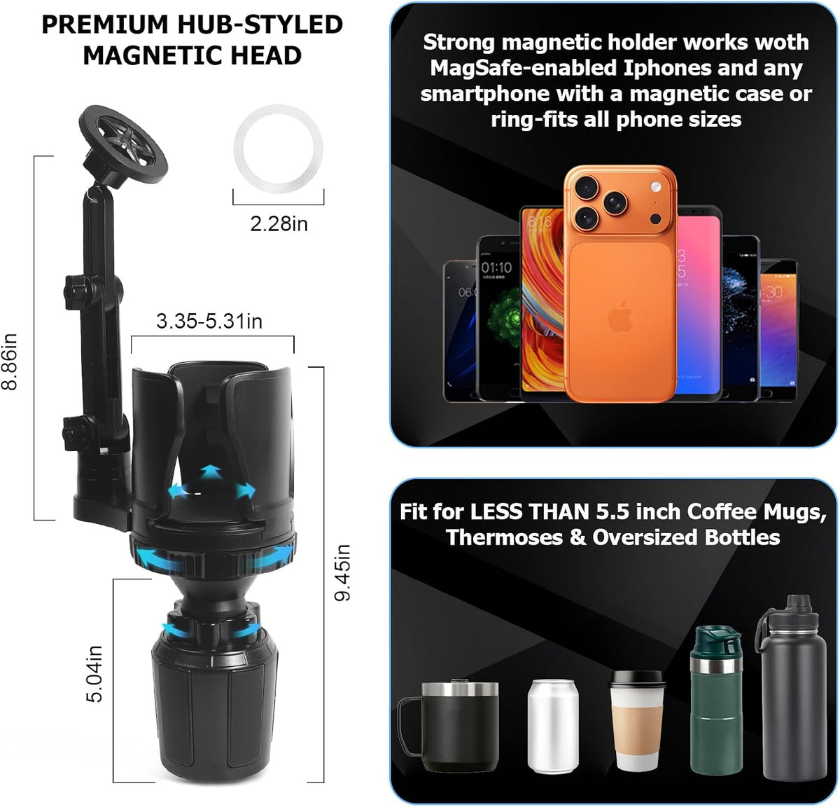 Frani Car Cup Holder Expander with Magnetic Phone Mount
