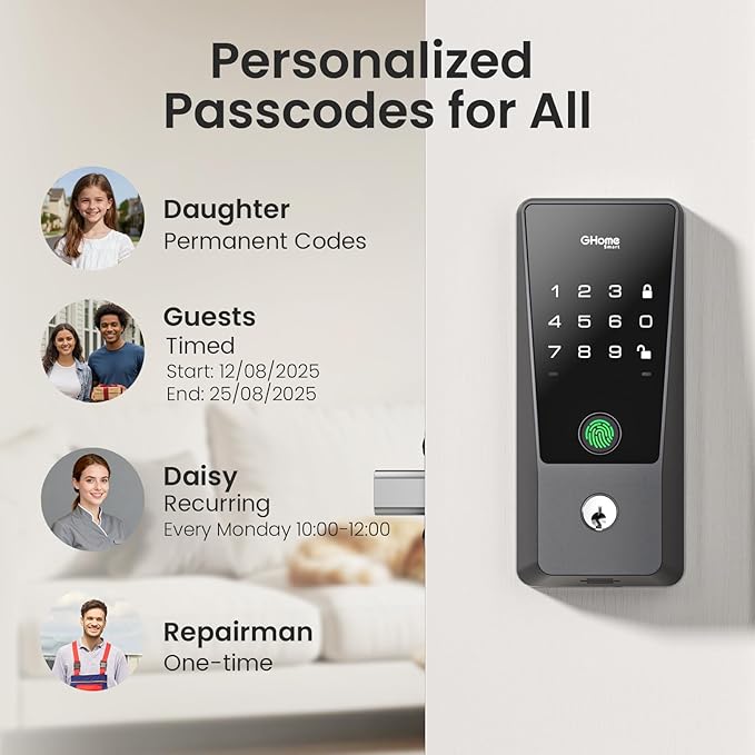 GHome Smart WiFi Deadbolt Locks for Front Door, 5-in-1 Fingerprint Keyless Entry Door Lock, Indoor Smart Lock for Home Hotel with 10000mAh Battery,Work with Alexa & Hey Google, App Control, Auto Lock