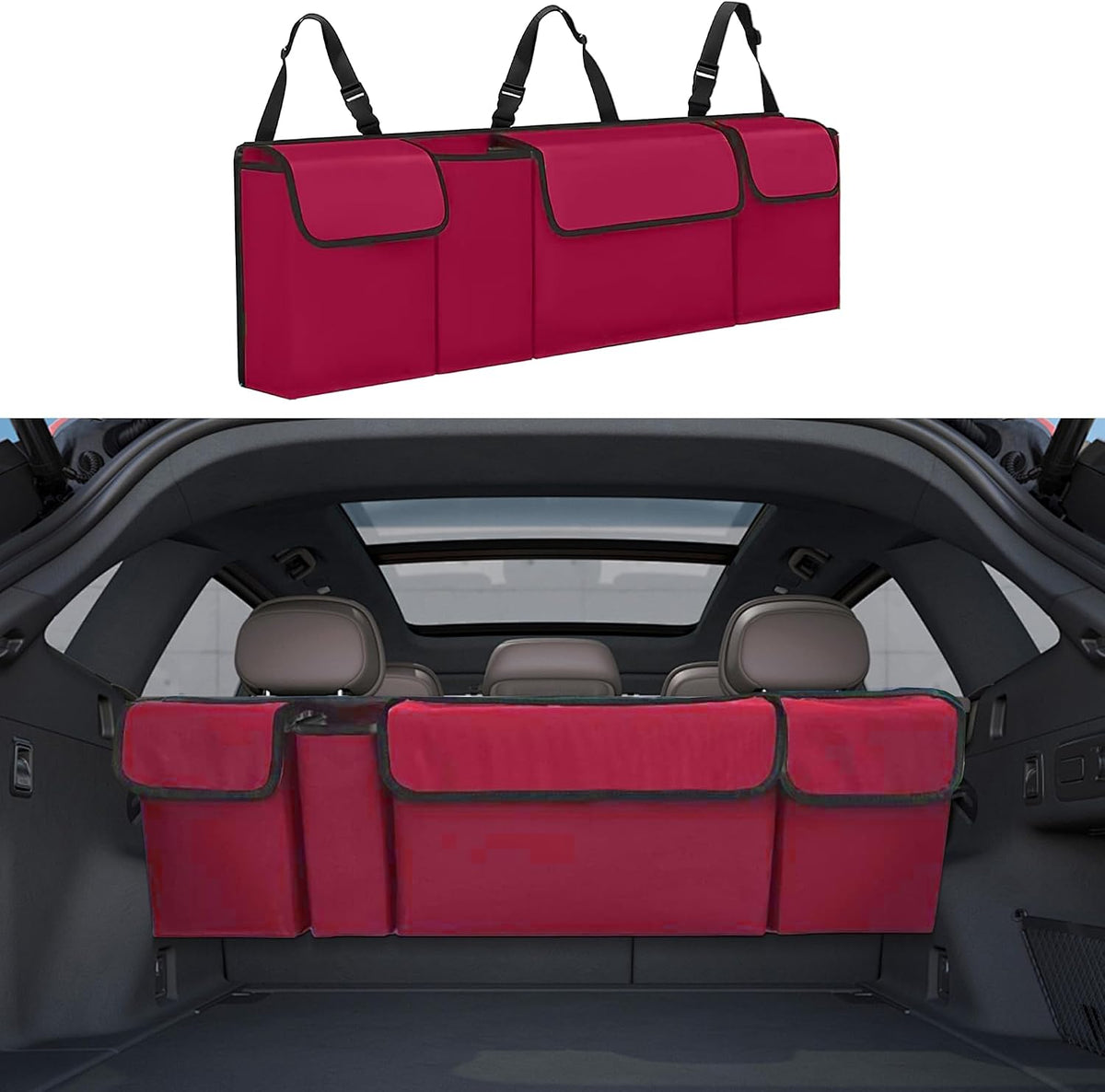 Car Trunk Organizer, Backseat Hanging Large Storage with Adjustable Straps,Waterproof PVC Collapsible Cargo Bag, Car Interior Accessories for Auto SUV MPV (Black)