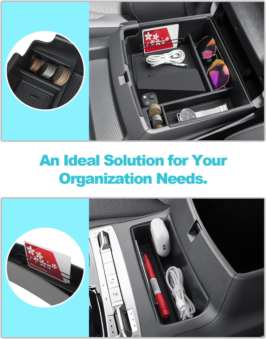 CDEFG 2Pcs for 2025 2026 2027 Kia Carnival Center Console Organizer, 2025 2026 2027 Kia Carnival (LX/LXS/EX/SX/SX Prestige) Accessories Middle Console Organizer Storage Box