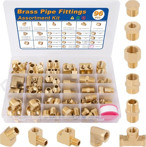 KOOTANS Brass Pipe Fittings Assortment Kit - 96PCS NPT Adapters, Reducers, Hex Nipples & More