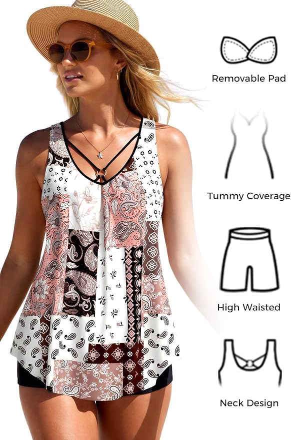 MODLILY Tummy Control Womens Tankini Swimsuits, Two Piece Metal Ring Bathing