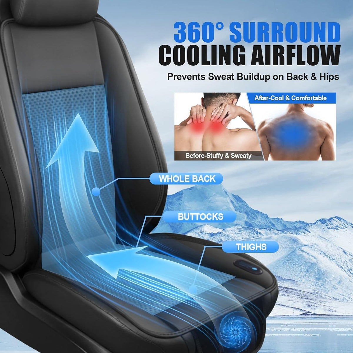 Cooling Car Seat Cover with Powerful Fan, 12V Ventilated Cooling Car Seat Cushion, 3-Speed Adjustable Breathable Cooling Seat Cover for Car SUV Truck Universal Fit