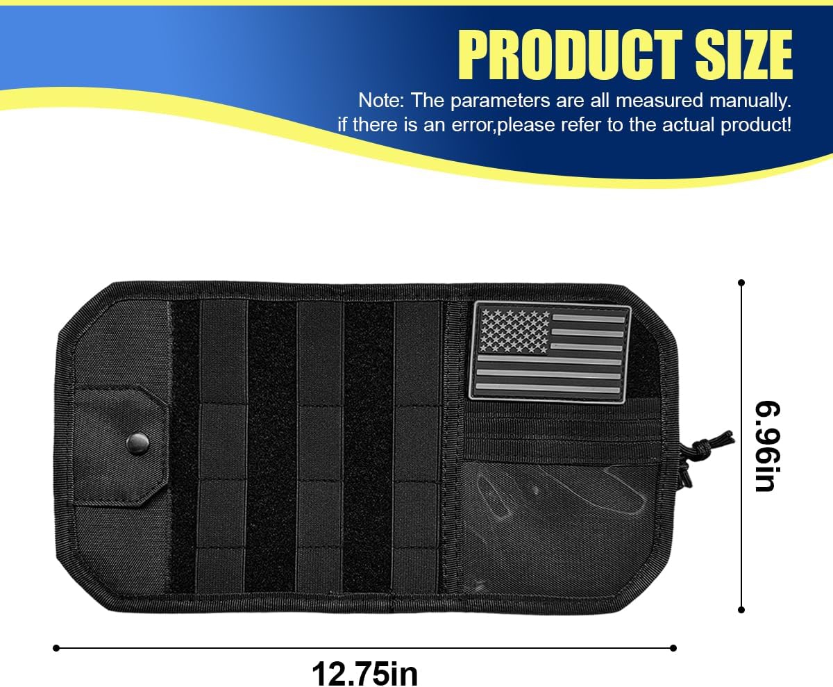 Car Sun Visor Organizer, Multifunctional Car Visor Zip Storage Pouch with Glasses Clip & Card Sleeve Pocket, Auto Interior Semi-Rigid MOLLE Panel for Cars, SUVs, Trucks (Black)