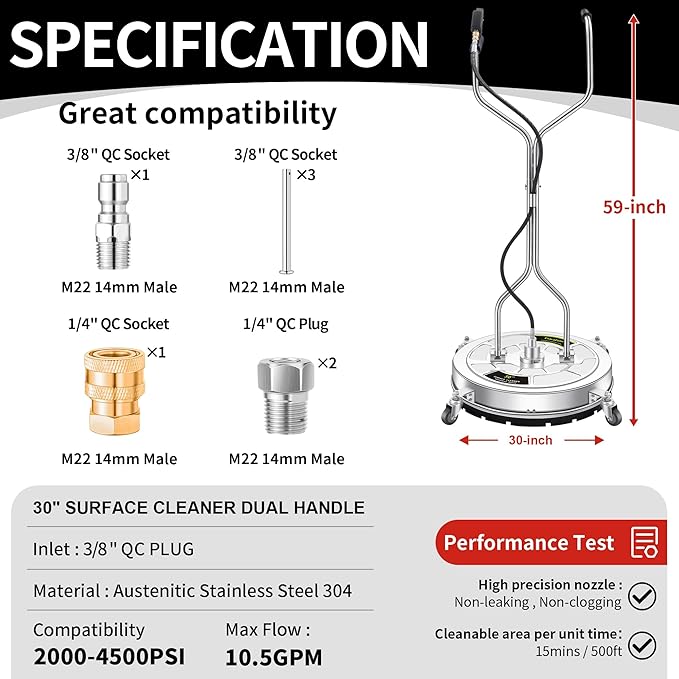30" Pressure Washer Surface Cleaner Max with 4 Wheels, Stainless Steel Commercial Dual Handle Power Washer Surface Cleaner Hot Water Supported for Patio Decker Concrete Driveway, 4500 PSI