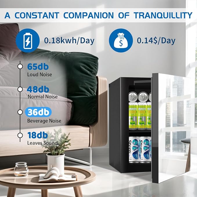 Erivess Compact Freestanding Beverage Refrigerator and Personal Beauty Fridge, 24 Can/ 0.9 Cu.Ft Mini Fridge with Mirror-Front Door for Cosmetics, Skincare, Soda, Beer and Wine