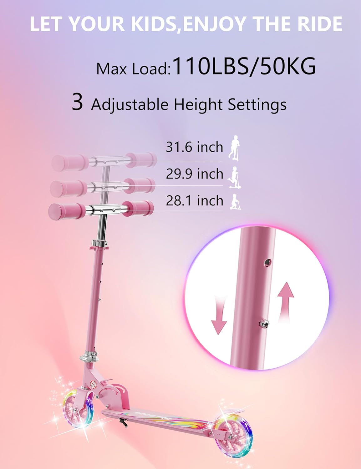 Skiennix Kids Kick Scooter - Adjustable 3-Level Height, LED Light-Up, Lightweight Foldable - Girly Pink